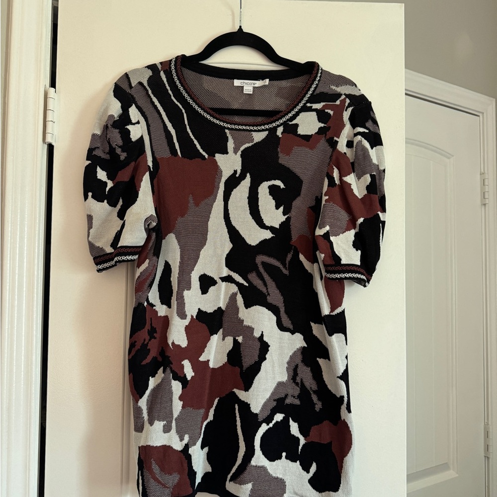 Chico's Short-Sleeve Knit Top in Black, Brown & Cream